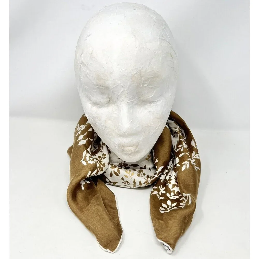 Melle Ricci Square Scarf 100% Silk Brown‎ Cream Gold Floral Bandanna 31